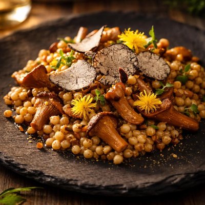 Fregola sarda chanterelle hawkbit summer truffle