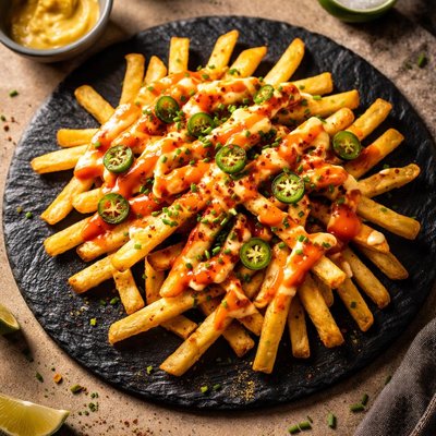 French fries with cheese and hot sauce