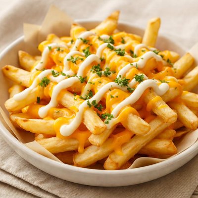 French fries with cheese and mayonnaise