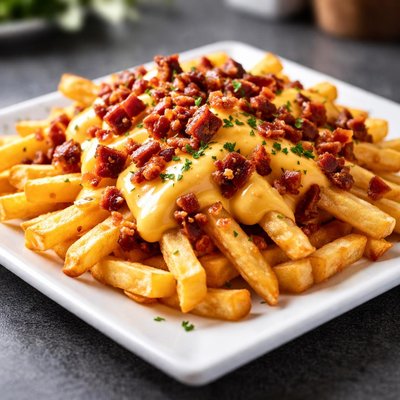 French fries with cheese sauce and bacon bits