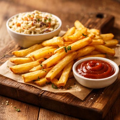 French fries with coleslaw and ketchup