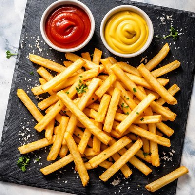 French fries with ketchup and mustard