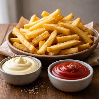 French fries with mayonnaise and ketchup