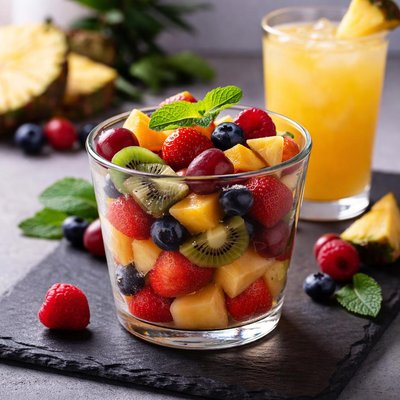 Fresh fruit cup with pineapple juice
