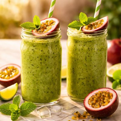 Fresh passion fruit and fresh yerbanuena smoothie