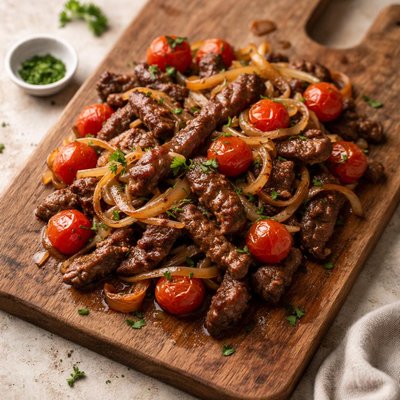 Fried beef with onion and cherry tomatoes