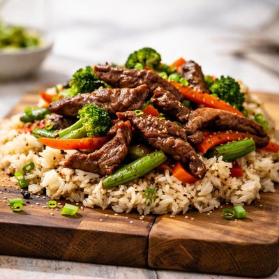 Fried beef with rice and vegetables