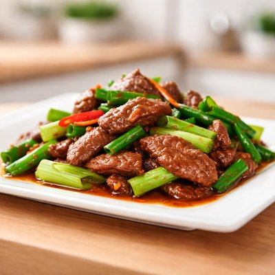 Fried beef with spring onion