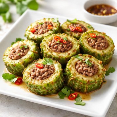 Fried bittergourd filled with ground beef