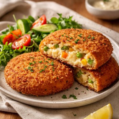 Fried bread patty with cheese potatoes and veg