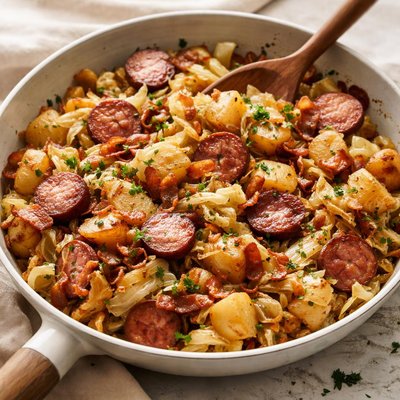 Fried cabbage with sausage potaies and bacn