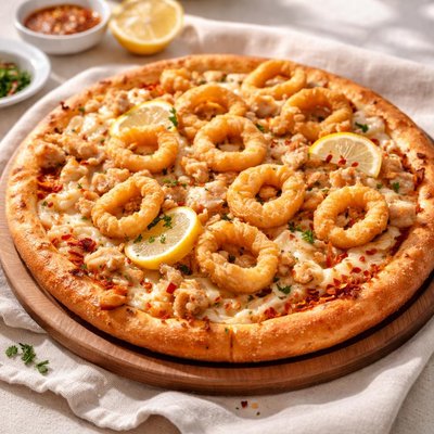 Fried calamari crab pizza