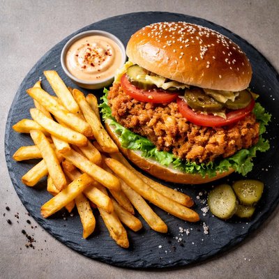 Fried chicken burger with fries
