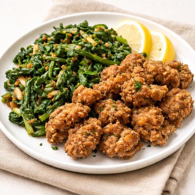 Fried chicken livers and mustard greens