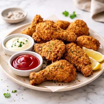 Fried chicken pieces with sauce