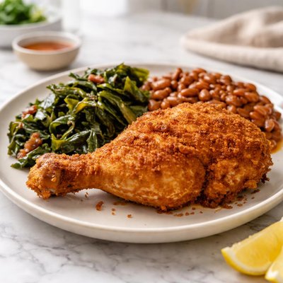Fried chicken quarter with collard greens and baked beans