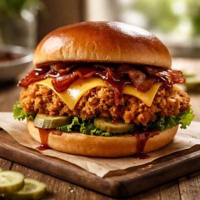Fried chicken sandwich with cheese and barbecue sauce