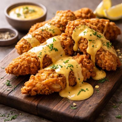 Fried chicken with cheese sauce