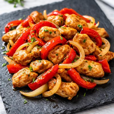 Fried chicken with red bell pepper and onion