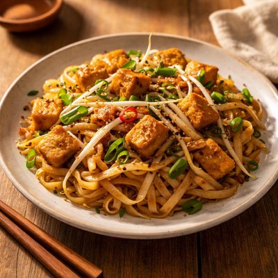 Fried chinese rice noodles and tofu