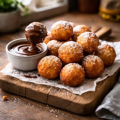 Fried dough balls with chocolate sauce