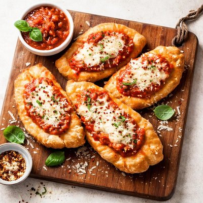 Fried dough with tomato sauce and cheese