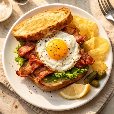 Fried egg and bacon sandwich