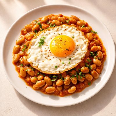 Fried egg on beans