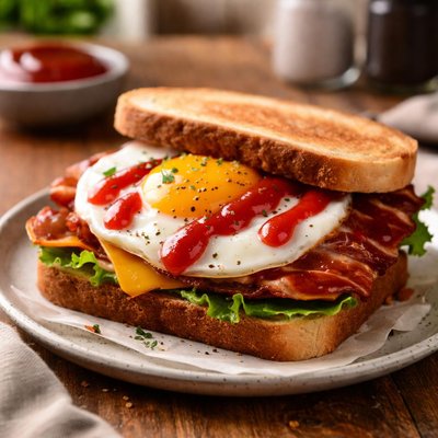 Fried egg sandwich with ketchup