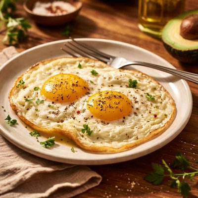 Fried egg white in avocado oil