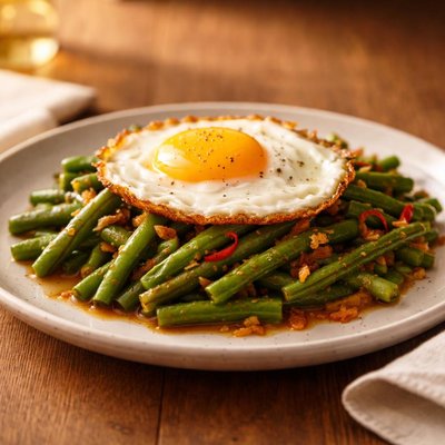 Fried egg with long beans