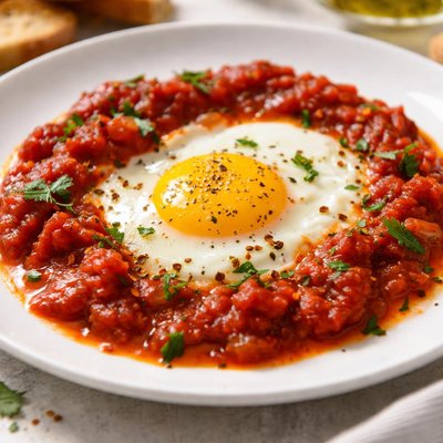 Fried egg with tomato sauce