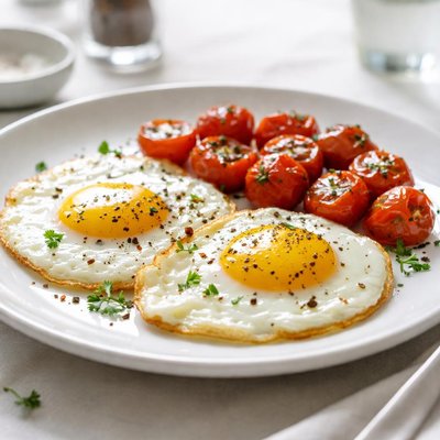 Fried eggs with cherry tomatoes