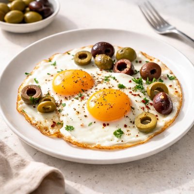 Fried eggs with olives