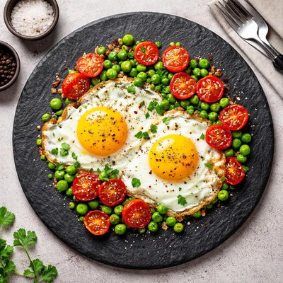 Fried eggs with tomatoes and peas