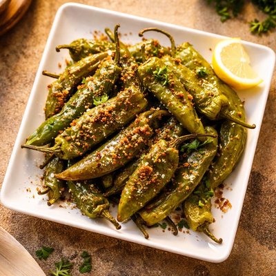 Fried green chili peppers