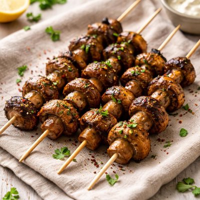 Fried mushrooms on skewers