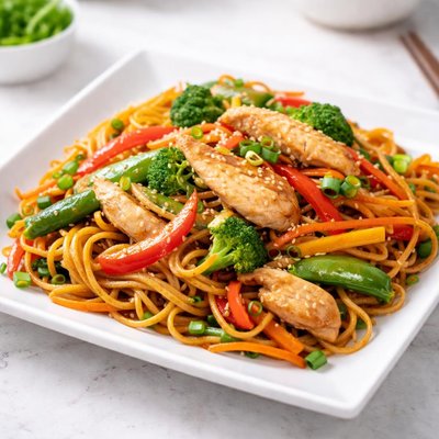 Fried noodles with chicken and vegetables