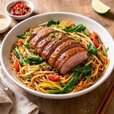 Fried noodles with duck