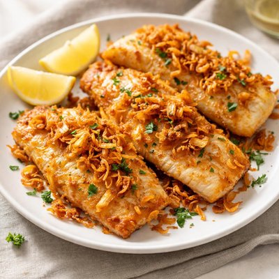 Fried pangasius fillet with fried onions