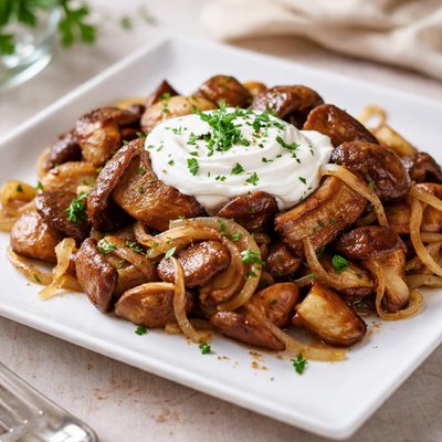 Fried porcini mushrooms with onions and sour cream