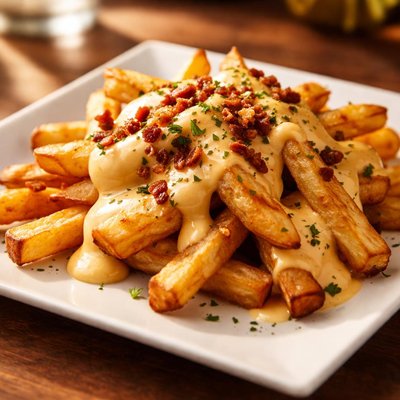 Fried potatoes with cheese sauce