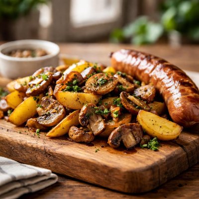 Fried potatoes with mushrooms and a sausage