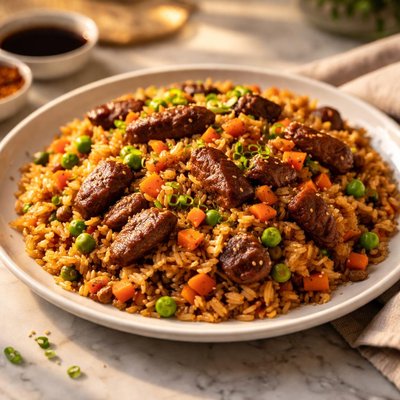 Fried rice with beef and carrots