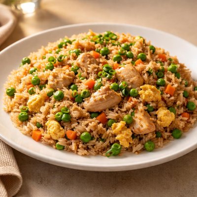 Fried rice with chicken and peas