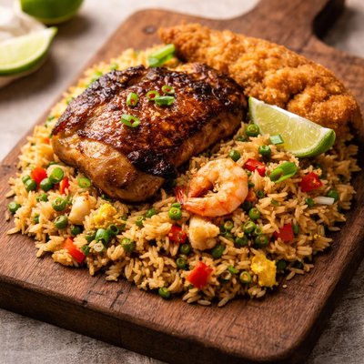 Fried rice with fish and chicken thigh