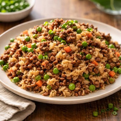 Fried rice with ground beef and peas