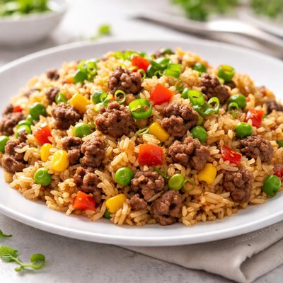 Fried rice with ground beef and vegetables