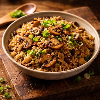 Fried rice with mushrooms and green onions