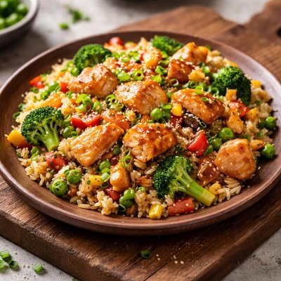 Fried rice with salmon and vegetables
